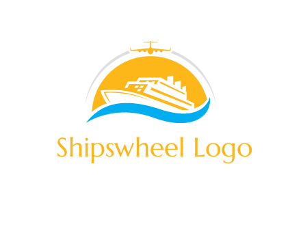 ship over the sun with water and airplane logo