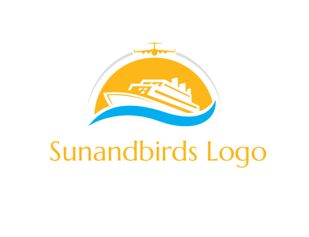 ship over the sun with water and airplane logo