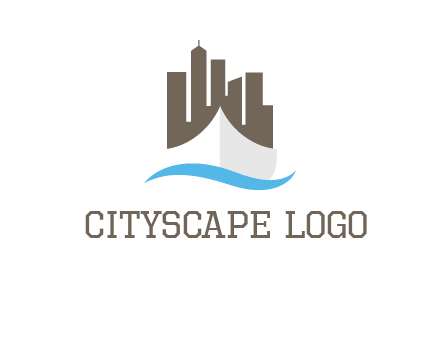 ship incorporated with city skyline and wave logo