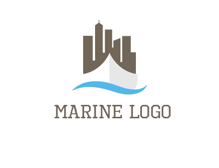 ship incorporated with city skyline and wave logo