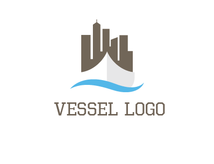 ship incorporated with city skyline and wave logo