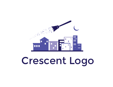 flying broom in city with moon logo