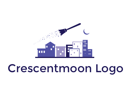 flying broom in city with moon logo