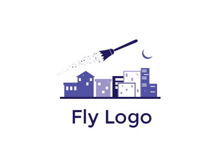 flying broom in city with moon logo