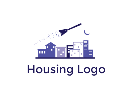 flying broom in city with moon logo