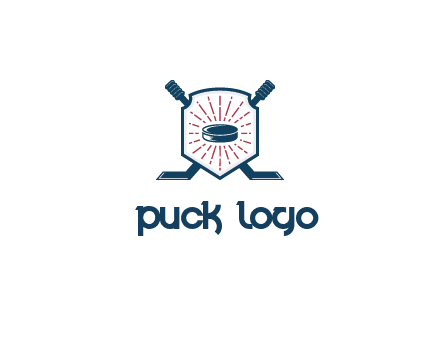 puck in centre of shield with hockey sticks logo