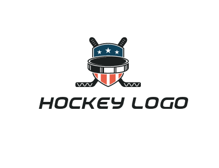 hockey stick behind shield with us flag logo