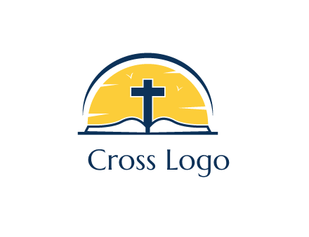 cross and bible in front of sun logo