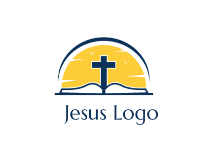 cross and bible in front of sun logo