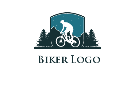 mountain biking in shield with trees emblem logo