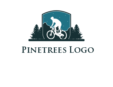 mountain biking in shield with trees emblem logo