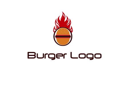 burger in front of flame logo