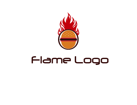 burger in front of flame logo