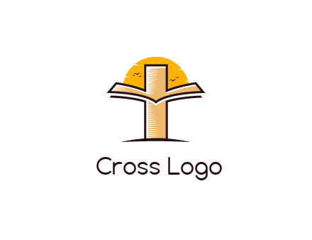 cross and book in front of sun with birds logo