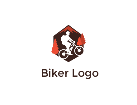 hexagonal mountain biking logo with fir trees