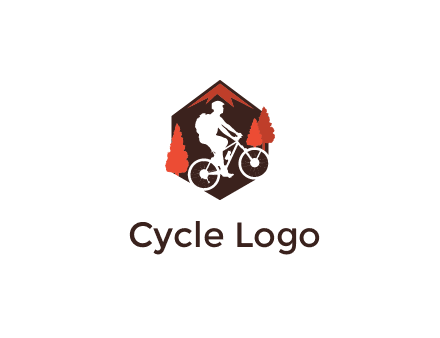 hexagonal mountain biking logo with fir trees