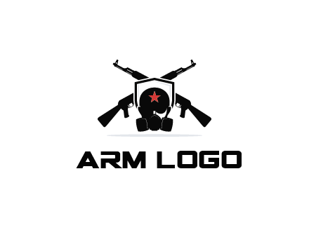 army logo with crossed guns behind a soldier wearing a gas mask