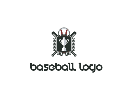 baseball logo with a ball and crossed bats behind a shield featuring a trophy