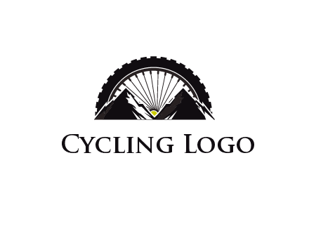 sun's rays forming a wheel behind mountains for a mountain biking logo