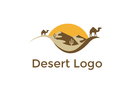 eye of the desert travel logo with sand dunes, camels, cactus and the sun