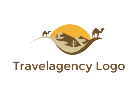 eye of the desert travel logo with sand dunes, camels, cactus and the sun