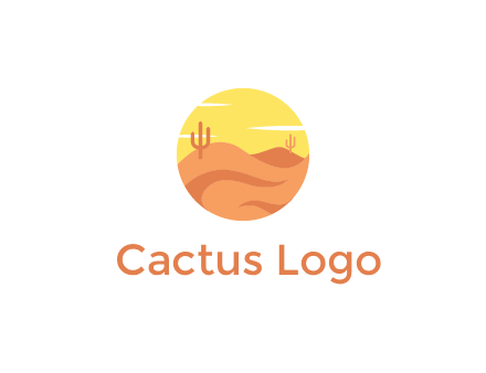 circular logo showing a desert landscape with cactus