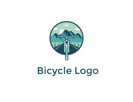 travel logo with bike leaving behind a road and mountains