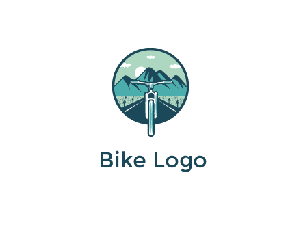 travel logo with bike leaving behind a road and mountains