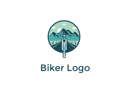 travel logo with bike leaving behind a road and mountains