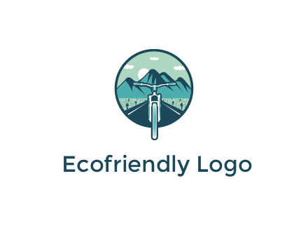 travel logo with bike leaving behind a road and mountains