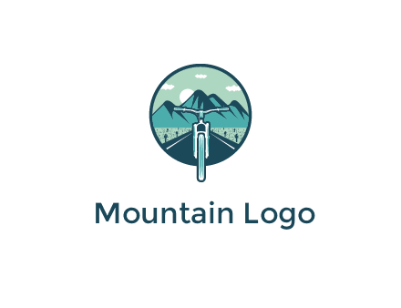 travel logo with bike leaving behind a road and mountains