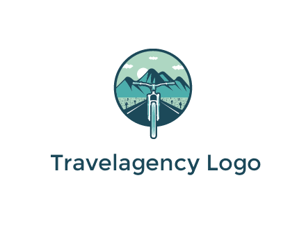 travel logo with bike leaving behind a road and mountains