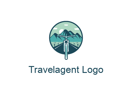 travel logo with bike leaving behind a road and mountains