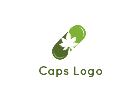 pharmaceutical logo with herbal drops forming a pill with a marijuana leaf in the center