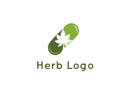 pharmaceutical logo with herbal drops forming a pill with a marijuana leaf in the center