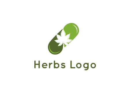 pharmaceutical logo with herbal drops forming a pill with a marijuana leaf in the center