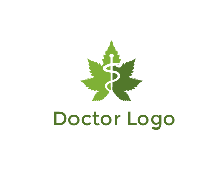 Rod of Asclepius inside marijuana leaf for a medicine logo