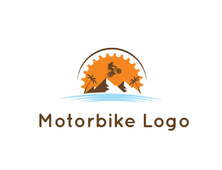 adventure sports logo with rider on a motorbike jumping over mountains and palm trees