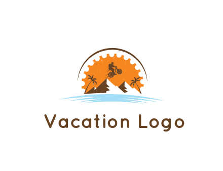 adventure sports logo with rider on a motorbike jumping over mountains and palm trees