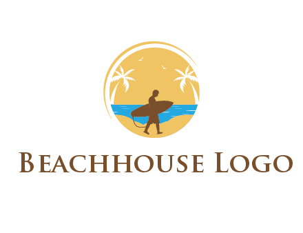 circular logo with palm trees and a surfer walking on the beach