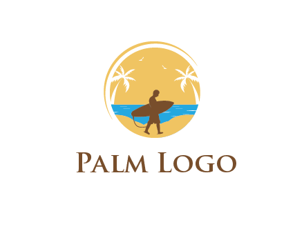 circular logo with palm trees and a surfer walking on the beach