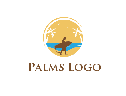 circular logo with palm trees and a surfer walking on the beach