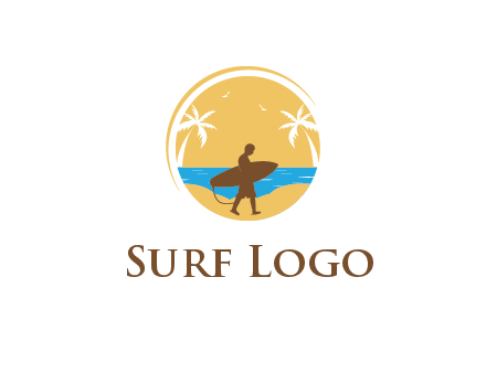 circular logo with palm trees and a surfer walking on the beach