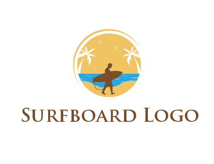 circular logo with palm trees and a surfer walking on the beach