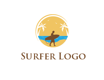 circular logo with palm trees and a surfer walking on the beach