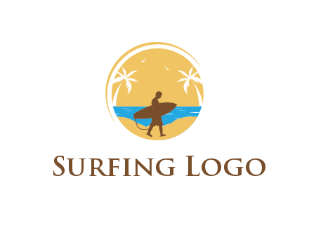 circular logo with palm trees and a surfer walking on the beach