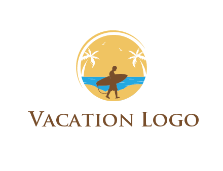 circular logo with palm trees and a surfer walking on the beach