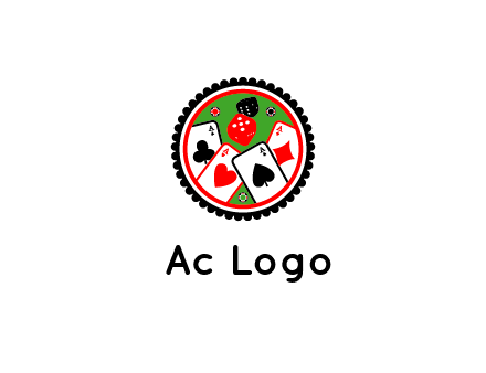 aces of cards, poker or casino chips and dice inside circular gambling logo