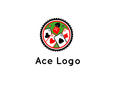 aces of cards, poker or casino chips and dice inside circular gambling logo