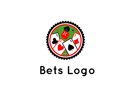 aces of cards, poker or casino chips and dice inside circular gambling logo